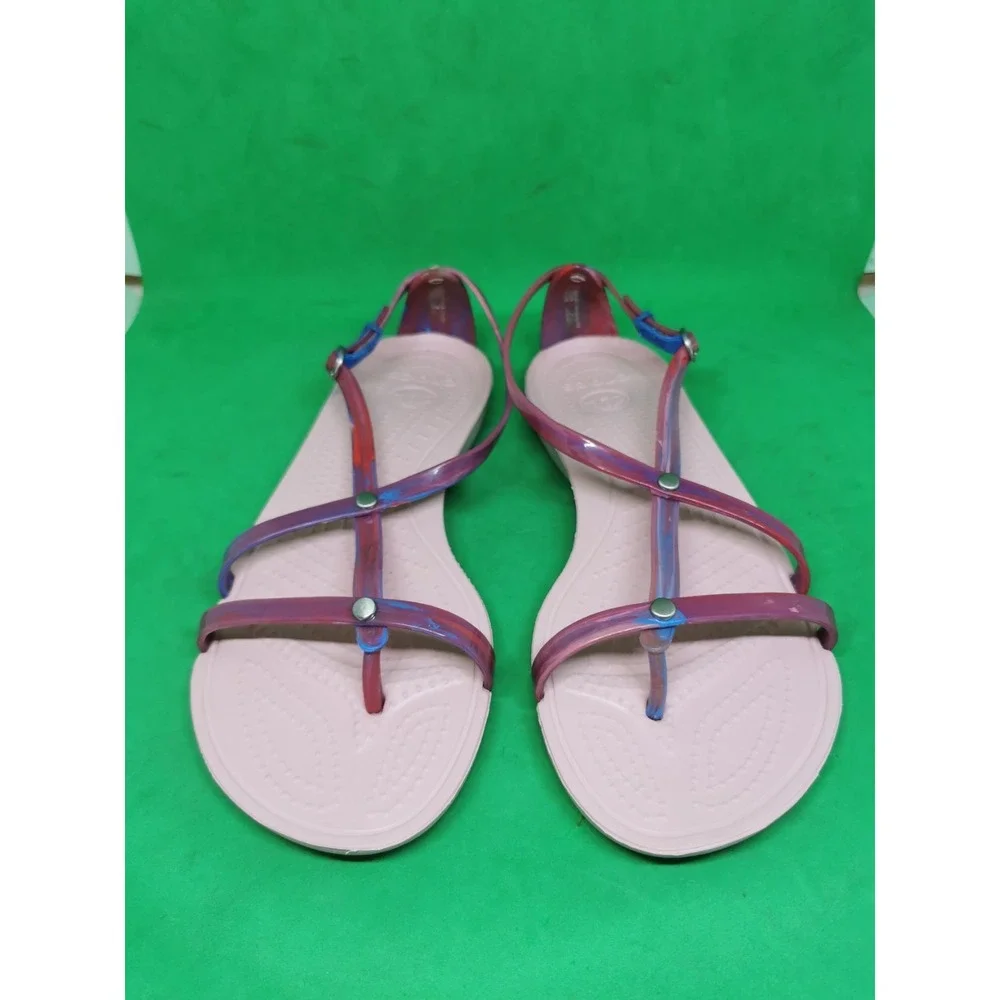 CROCS Size 7 Really Sexi Thong Pink Marble Studded Strappy Sandals Comfort Flat